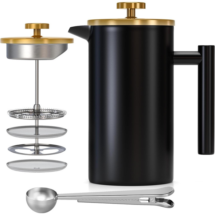 Enfmay French Press Coffee Maker, 1L Stainless Steel French Press with 4 Filters and Spoon, Detachable, Easy to Clean, Stainless Steel Insulated Coffee Pot Thermos for Home, Travel and Camping, Silver 1000ML Silver