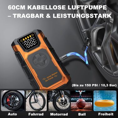 Powerbank для автомобіля Starthilfe 6000A з компресором 150PSI, 12V, для бензинових та дизельних авто (до 10л), QC3.0, LCD, ліхтарик