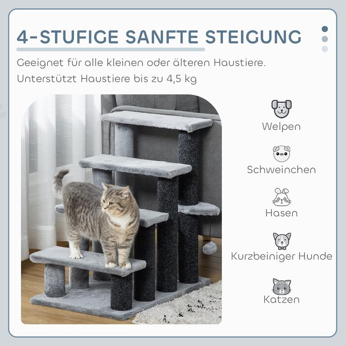 PawHut 4-Step Pet Stairs with Scratching Posts, Ball, Dog Stairs, Animal Stairs for Cats up to 5 kg, Plush Jute Grey, 60 x 40 x 64 cm