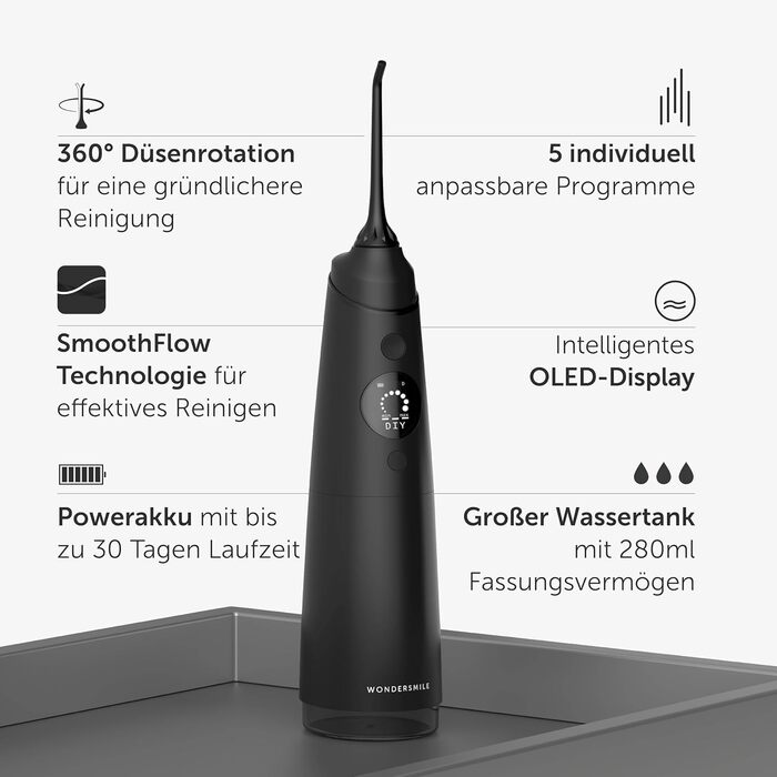 Munddusche Wondersmile PRO - Тест-переможець 2024 року, TÜV-сертифікована - 100 днів без ризику - технологія SmoothFlow для оптимального догляду за зубами та яснами - 5 режимів - акумулятор PowerAkku з тривалістю роботи 30 днів - Ultimate Black