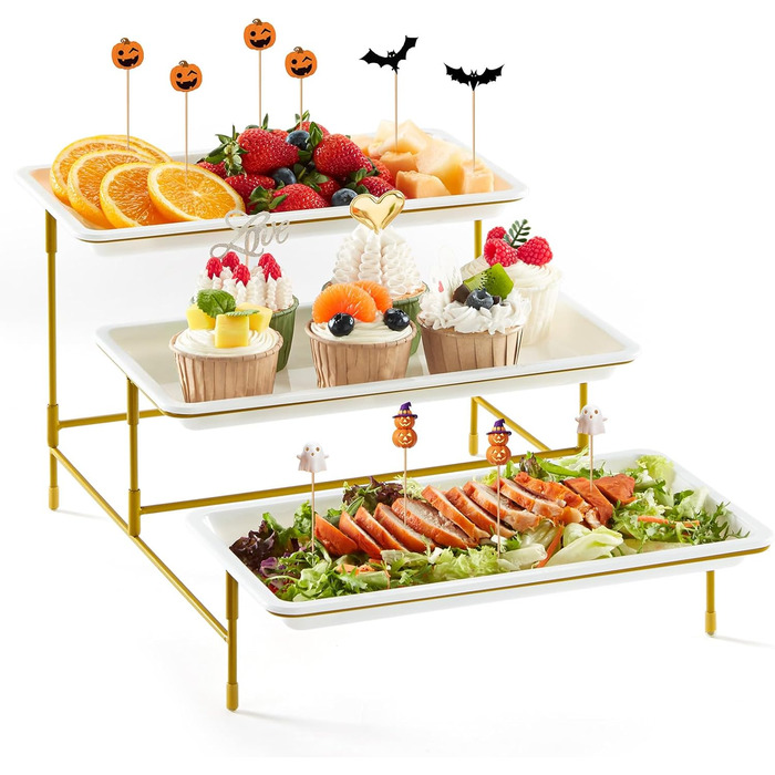 Lifewit 3-Tier Etagere with 30 x 17 cm Plastic Serving Plates, 3-Level Serving Tray/Serving Platter with Folding Gold Metal Shelf, Buffet Party Accessories for Vegetables/Fruit/Cookies/Cake