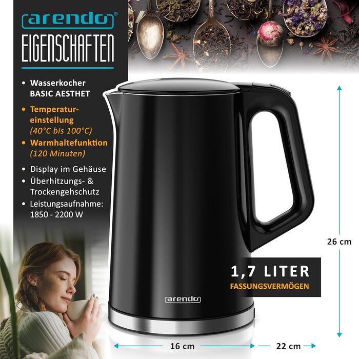 Електричний чайник Arendo з регулюванням температури, нержавіюча сталь, подвійні стінки Cool Touch, дисплей, бездротовий, 2200 Вт, 1,7 л, захист від перегріву, функція підтримки тепла, чорний