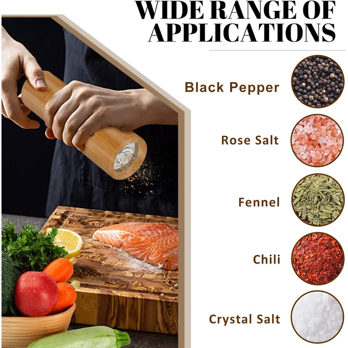 BOCHION Salt and Pepper Grinder Set, Wooden Grinder Set Large with Coaster, Salt and Pepper Grinder with Adjustable Ceramic Grinder, Grinding from Coarse to Fine, for Pepper, Salt, Spices, 2-Piece Set 18 cm