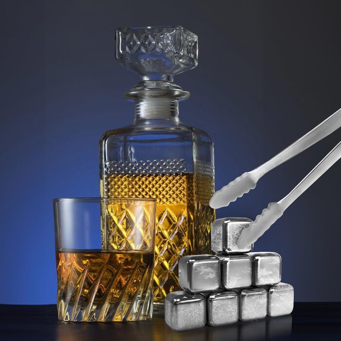 Камені для віскі Com-Four® з нержавіючої сталі - подарунчий набір (12 шт) з мішком та коробкою. Багаторазові камені для віскі, джину, тоніку та коньяку.