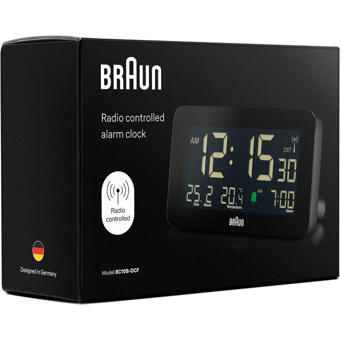 Радіокерований цифровий будильник Braun BC10B-DCF з дисплеєм температури, дати та місяця, негативний LCD-екран, чорний