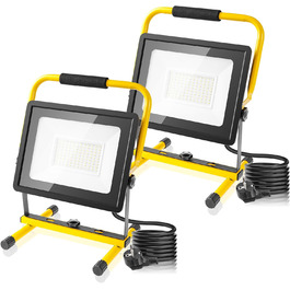Набір з 2 LED прожекторів wowspeed 100W 10000Лм, холодне біле світло 6500K, водонепроникні (IP66) будівельні лампи зі шнуром 3м і штекером для майстерні та будівництва