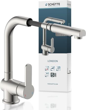 Кухонний змішувач SCHÜTTE LONDON з висувною лійкою, поворотний на 360°, з однорідним змішувачем, нержавіюча сталь, 29,8 см, високий тиск