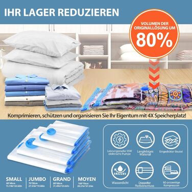 Kissleaf Vacuum Bags for Clothes and Bedding with Electric Pump, 15 Pieces, Travel, Quick Air Extraction, Space-Saving, Dust and Waterproof, Plus Size for More Compression