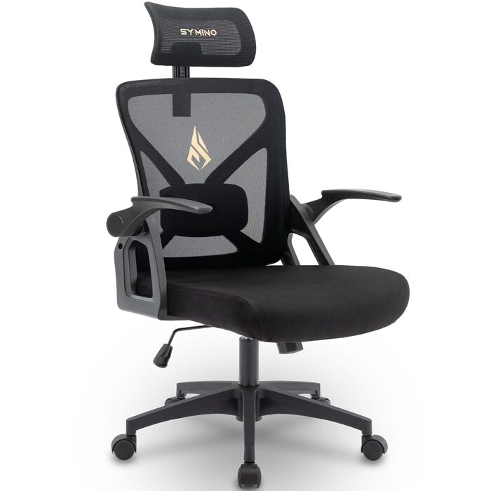 Ергономічне крісло для офісу Symino: регульована спинка, підголівник, підлокітники, 150 кг, чорний