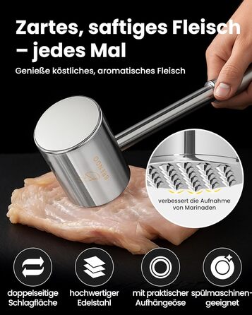 Преміум Fleischklopfer від Brendo: м'ясорубка з масивного нержавіючої сталі, двостороння, з плоскою та зубчастою поверхнею для будь-якого м'яса, + E-Book рецептів, придатна для миття в посудомийній машині, шніцельниця