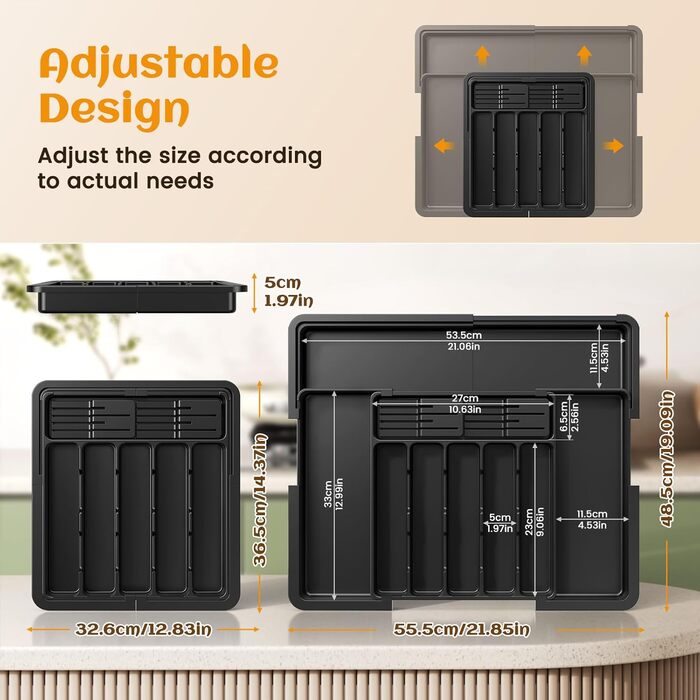 Органайзер для столових приборів в шухляду, пластиковий лоток для кухні з 2 знімними блоками для ножів (6-9 відділень), регульований, 33-53 см