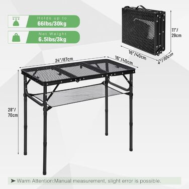 Складний стіл для пікніка REDCAMP 60x40 см, чорний - портативний стіл для кемпінгу, BBQ, приготування їжі на природі з регульованими ніжками