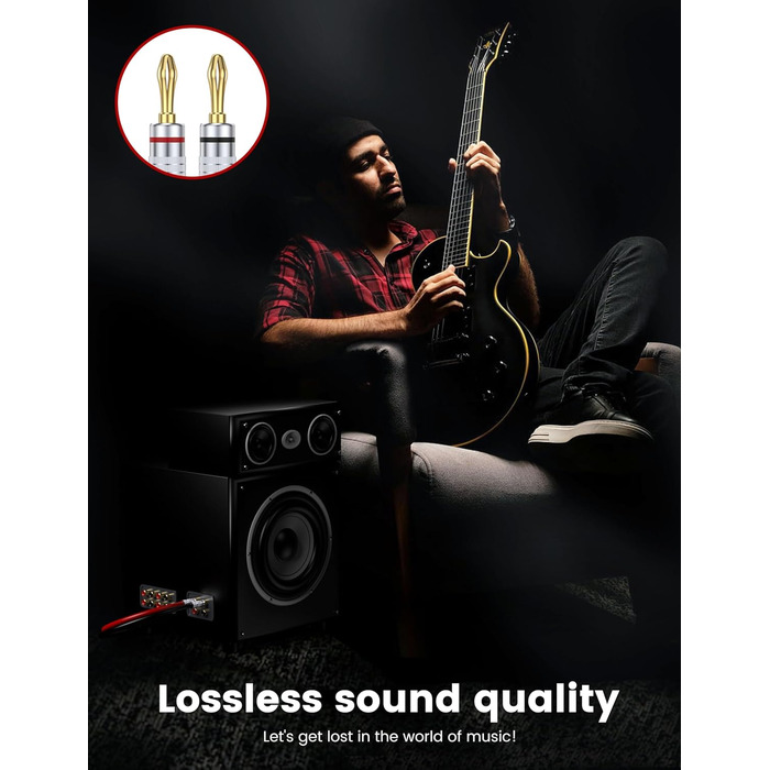 MOSWAG Бананові конектори для акустичних кабелів 4 шт. (2 пари), 24K позолота, для акустичних систем, AV-ресиверів, домашнього кінотеатру (підходить для кабелів діаметром до 4.5 мм)