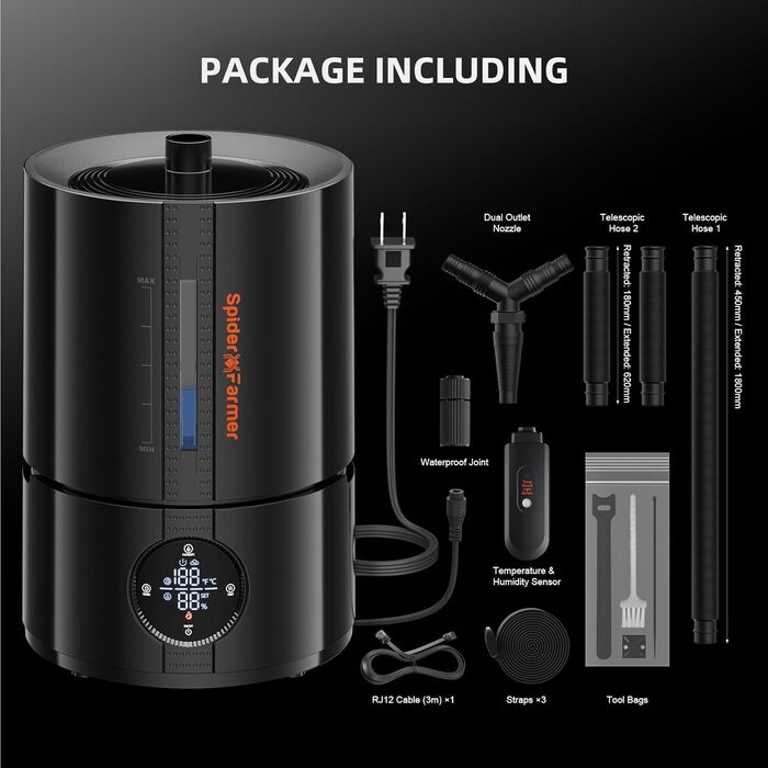 Увлажнитель воздуха Spider Farmer 450 мл/год для растений, палатки Grow, спальни, с гигрометром, автоматическое отключение, черный, 5л, верхнє заповнення