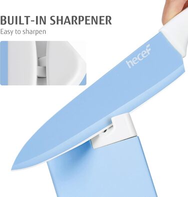 Набір ножів Hecef 14 предметів у блоці, з антипригарним покриттям, для миття в посудомийній машині, самозаточуваний блок, ергономічні ручки, кухонний набір для будь-якої кухні (блакитний)