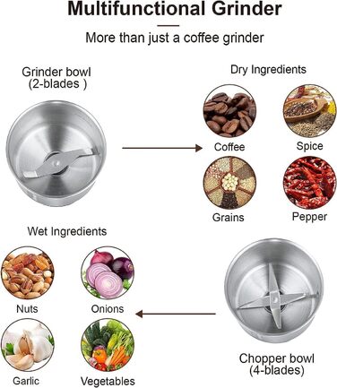 Electric Coffee Grinder, Spice Grinder with 2 Detachable Stainless Steel Bowls, with Splash Guard Cover and Brush, Coffee Bean Grinder with 110g Capacity, Dry and Wet for Corn Kernels, Herbs