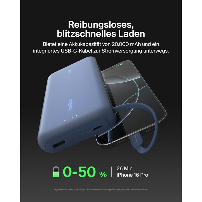 Зовнішній акумулятор Belkin BoostCharge 20K PD 30W з вбудованим кабелем USB-C, Power Bank для iPhone 16, iPad Pro, Samsung Galaxy S25, синій