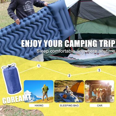 Надувний килимок для кемпінгу GDREAMT з вбудованим насосом та подушкою. Зручний килимок для туризму, походів та подорожей. Компактний та легкий, блакитний.