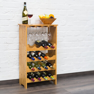 Relaxdays Bamboo Wine Rack for 16 Bottles and 12 Glasses