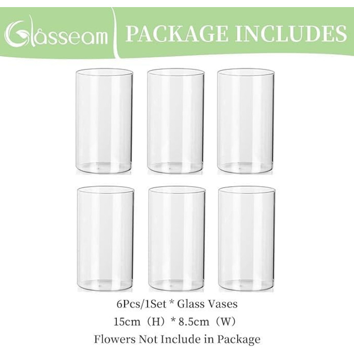 Скляна циліндрична ваза Glasseam, прозора, 10x8,5 см, сучасна міні-ваза для квітів і декору столу, підсвічник, для вітальні та весільного оформлення, набір 6 шт. (15 см)