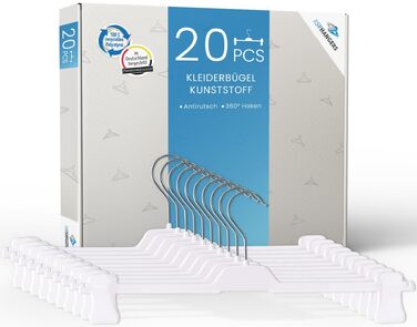 Вішалки для штанів RSR-Hangers® білі, 20 шт, XL PUC, пластикові пліччики з регульованими протиковзкими затискачами, 42 см, поворотний гачок 360°, Made in Germany