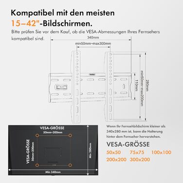 Кріплення для телевізора VonHaus для екранів 15-42 дюймів, ультратонке, з рівнем, до 40 кг, VESA 300x200