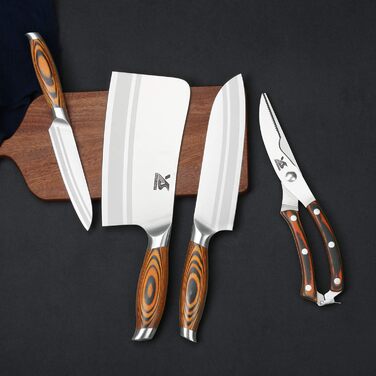 Набір кухонних ножів MSY BIGSUNNY 4 шт. (Ніж для нарізки, Сантоку, Універсальний ніж, Ножиці для птиці) - Німецька сталь, Азіатський дизайн