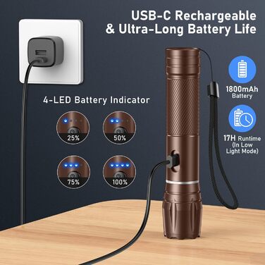 LED ліхтарик Blukar з регулюванням температури світла, 2000L, зум, 10 режимів, водонепроникний, для кемпінгу та активного відпочинку (колір: коричневий)