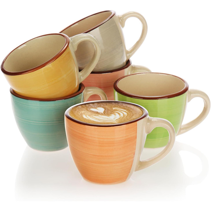 Набір з 6 керамічних чашок для еспресо Com-Four® об'ємом 125 мл - кольорові мокко-чашки ручної роботи для еспресо, мокко та рістретто (зелений/оранжевий/рожевий/синій/жовтий/сірий)