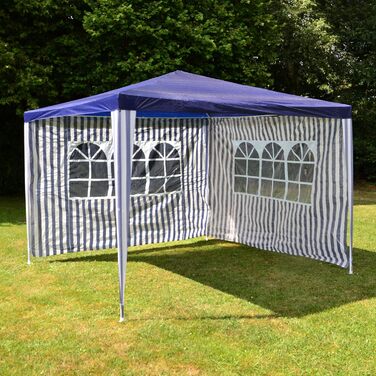 Garden pavilion, 3 x 3 m, waterproof, including 2 side walls each with 3 windows, pegs, guy ropes, corner connectors, material PE tarpaulin 110 g/m², painted metal frame, plug-in system, blue-white
