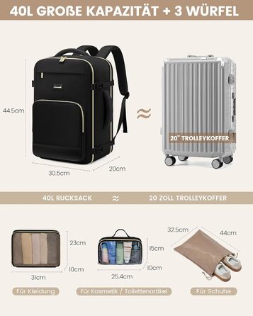 LOVEVOOK Рюкзак ручної поклажі, 40L, для подорожей та бізнесу, чорний