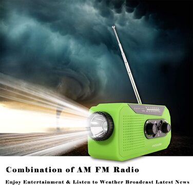 Радіо Solar-Radio з ручним приводом, AM/FM, погода, ліхтарик, SOS-сигнал, акумулятор 2000 mAh, Powerbank, роз'єм для навушників - для надзвичайних ситуацій та активного відпочинку (зелений)