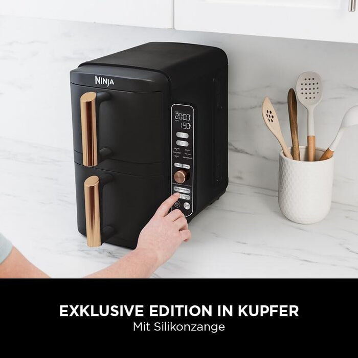 Ninja Double Stack XL Air Fryer, 2 vertical drawers, 4 cooking levels, 2 compartments, space-saving design, 9.5 L capacity, 6 functions, 8 portions, tongs, Black/Copper SL400EUCP Stacked 9.5L Copper/Black