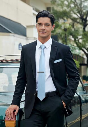 HISDERN Комплект краваток для чоловіків: краватка, кишеньковий хустинка та краватки-затискач. Класичний однотонний дизайн, світло-блакитний колір, для урочистих подій, весілля, свят.