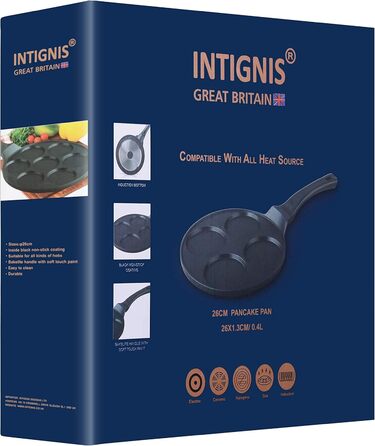 INTIGNIS® Non-Stick Pancake Pan – Mini Pancake Maker with Multiple Holes, 4 Holes, Crêpe and Pancake Pan in American Style for Perfect Individual Pancakes (26 cm, 4 Baking Molds)
