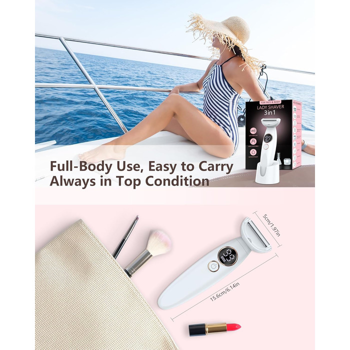 Електричний жіночий тример 3-в-1 для тіла, обличчя, бікіні та ніг. Вологостійкий IPX7, USB-зарядка, білий