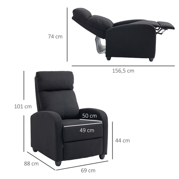 HOMCOM Reclining TV Chair with Lie-Flat Function, Linen-Look, Padded TV Chair with Footrest, for Living Room, Bedroom, Black | Aosom