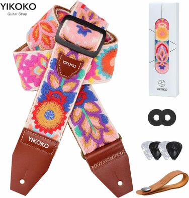 Гітарний ремінь 5,1 см з бавовни з шкіряними кінцями для бас-гітари, електрогітари та акустичної гітари (Квітка, кольорова 03)