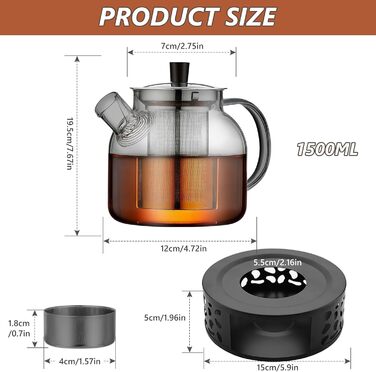 Скляний чайник з ситечком та підставкою для підігріву, 1500 мл, з боросилікатного скла, для листового чаю та чайних пакетів, чорний