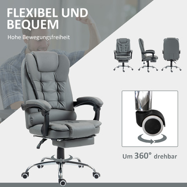 HOMCOM Chef Office Chair with Footrest, Reclining Desk Chair, Height-Adjustable Computer Chair with Armrests, Swivel Chair for Office, Faux Leather, Grey | Aosom