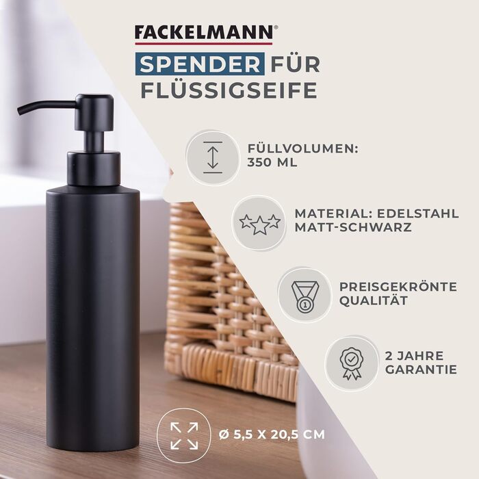 FACKELMANN Soap Dispenser & Toothbrush Holder Tecno, liquid soap dispenser made of high-quality stainless steel, holder for 4 toothbrushes, high-quality toothbrush holder (Color: Matte Silver), Quantity: 1 x 2-piece set (Dispenser Black)