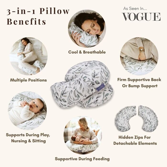Подушка для вагітних BellaMoon 3-в-1: підтримка всього тіла, C-подібна форма для сну, годування та ліжка для малюка, знімний бавовняний чохол (Waterleaves)