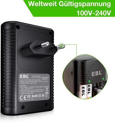 Зарядний пристрій для акумуляторів EBL AA AAA 9V NIMH з 4 відсіками, Smart Plug, LED-дисплей, швидка зарядка