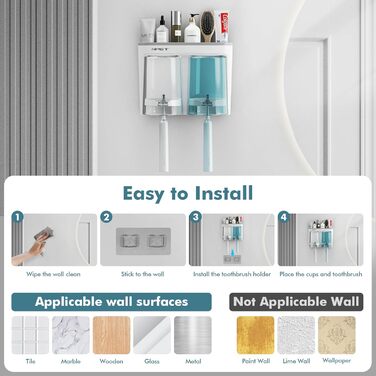 NPET Bathroom Toothbrush Holder, 3 Cups, Toothbrush Holder Set, Wall Mount, Ideal Bathroom Accessory Organization (2 Cups, Grey)