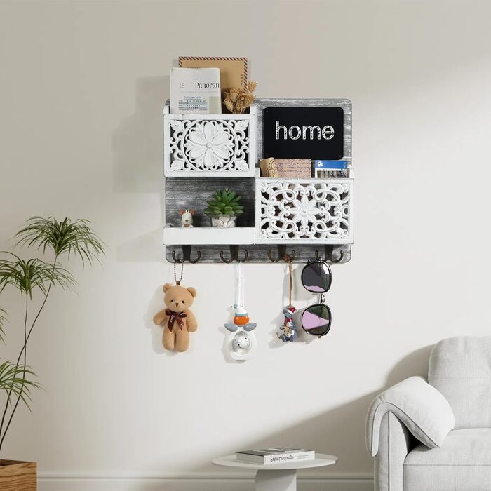 Дерев'яний ключниця з полицею на стіну, органайзер для ключів з 2 відсіками для листів, крейдяною дошкою та 8 гачками, вінтажний білий