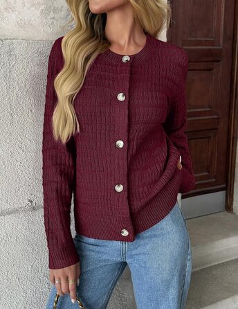 Жіноча в'язана жилетка Zeagoo з довгим рукавом, кардиган, круглий виріз, на ґудзиках, відкритий фасон, елегантний светр, жіночі в'язані жилетки, колір: бордовий
