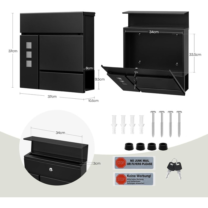 Поштова скринька WOLTU XXL з газетницею, оглядовим вікном та замком, антрацит (чорний) - 10,5 x 37 x 37 см