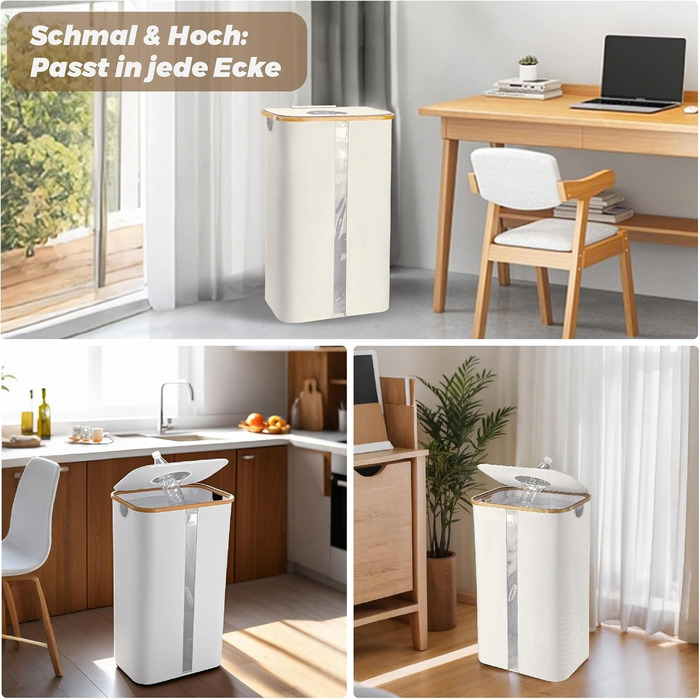 Laundry basket with 2 compartments, deposit bottle collection container with lid, container for deposit bottles & glass recycling & paper waste, deposit bottle container bamboo with bag, must-have (Beige, 100L)