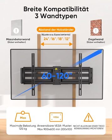 Кронштейн для телевізора FORGING MOUNT HY9458 для XXL TV 60–120 дюймів, до 125 кг, поворотний та нахильний, висувний подвійний важіль 1090 мм, VESA до 900x600мм