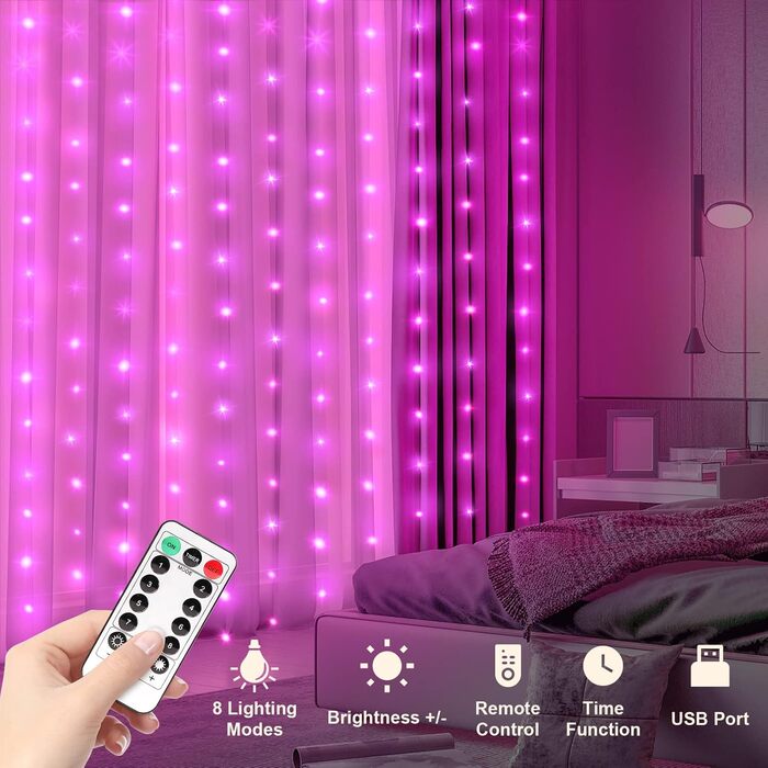 Ланцюжок LED-ліхтарів Yizhet 3x3м, 300 LED, тепле біле світло, IP65, 8 режимів, для декору вечірки, шлюбу, Різдва, тераси (рожевий)